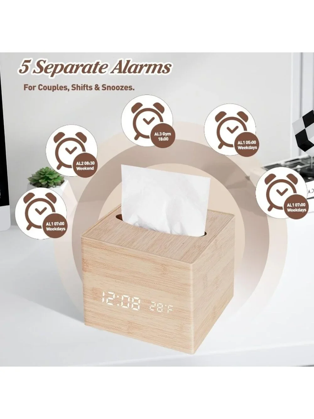 Home Cream Digital Cordless Alarm Temperature Display Wooden Tissue Box Clock